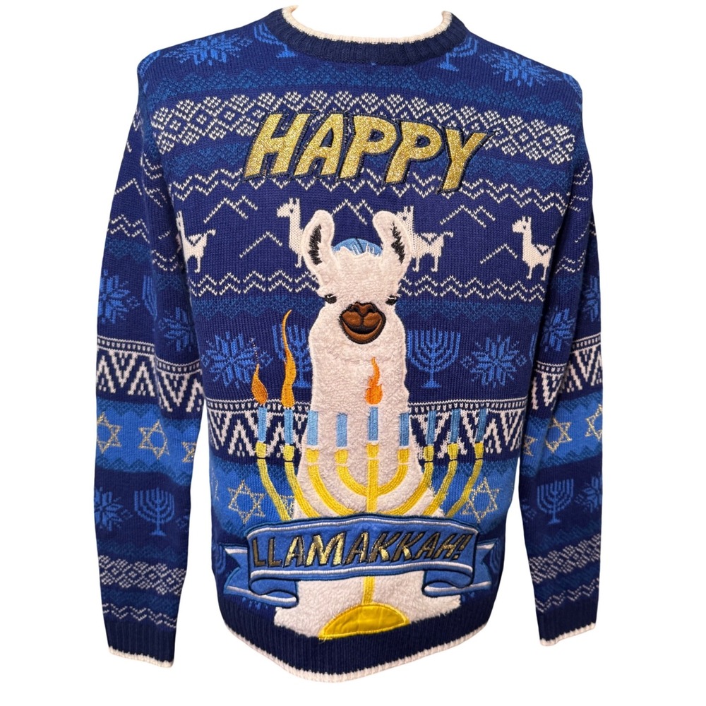 Blizzard Bay Happy Llamakkah Hanukkah Ugly Sweater Blue Menorah Llama Small